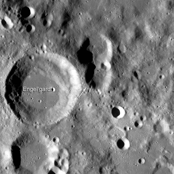 LROC WAC mosaic of region around the lunar highest point (arrow). Engel'gradt (after Vasilij Pavlovich; Russian astronomer, 1828-1915) crater is 44 km diameter, north is up, mosaic width 100 km . Credit: NASA/GSFC/Arizona State University LROC WAC mosaic of region around the lunar highest point (arrow). Engel'gradt (after Vasilij Pavlovich; Russian astronomer, 1828-1915) crater is 44 km diameter, north is up, mosaic width 100 km . Credit: NASA/GSFC/Arizona State University