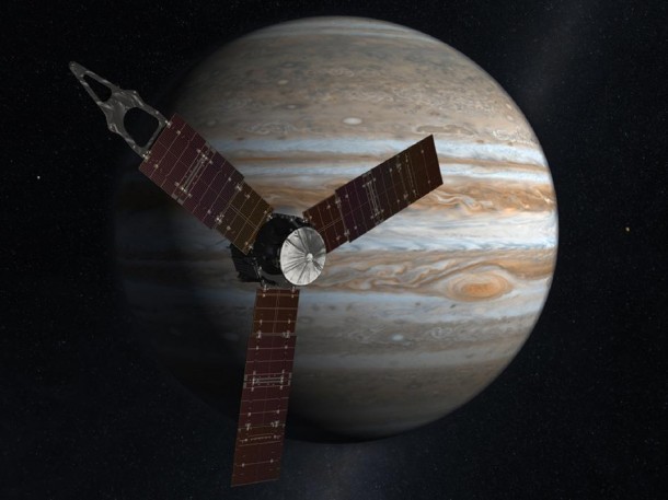 NASA's Juno spacecraft passes in front of Jupiter in this artist's depiction. Juno, the second mission in NASA's New Frontiers program, will improve our understanding of the solar system by advancing studies of the origin and evolution of Jupiter. Image credit: NASA/JPL-Caltech NASA's Juno spacecraft passes in front of Jupiter in this artist's depiction. Juno, the second mission in NASA's New Frontiers program, will improve our understanding of the solar system by advancing studies of the origin and evolution of Jupiter. Image credit: NASA/JPL-Caltech