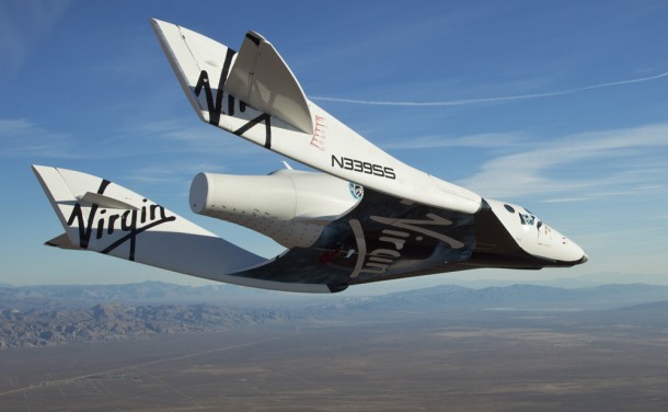 the Virgin Galactic SpaceShip2 (VSS Enterprise) glides toward earth on its first test flight after release from the mothership, "WhiteKnight2" (VMS Eve) over the Mojave, Ca. area early Sunday October 10. The craft was piloted by engineer and test pilot Pete Siebold from Scaled Composites. Credit: Virgin Galactic the Virgin Galactic SpaceShip2 (VSS Enterprise) glides toward earth on its first test flight after release from the mothership, "WhiteKnight2" (VMS Eve) over the Mojave, Ca. area early Sunday October 10. The craft was piloted by engineer and test pilot Pete Siebold from Scaled Composites. Credit: Virgin Galactic