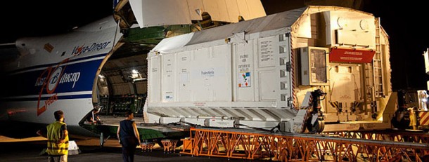The W3B satellite is unloaded from an Antonov An-124 cargo jetliner at Cayenne’s Rochambeau International Airport. Credit: Arianespace The W3B satellite is unloaded from an Antonov An-124 cargo jetliner at Cayenne’s Rochambeau International Airport. Credit: Arianespace