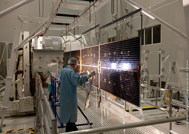 One of the solar arrays is checked after a verification of its deployment sequence from the ATV’s service module. Credit: Arianespace One of the solar arrays is checked after a verification of its deployment sequence from the ATV’s service module. Credit: Arianespace