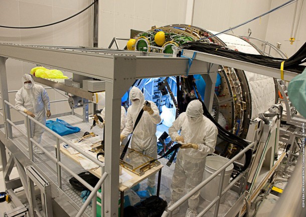 The ATV Johannes Kepler is shown during processing in the Spaceport’s S5 payload preparation facility. Credit: Arianespace The ATV Johannes Kepler is shown during processing in the Spaceport’s S5 payload preparation facility. Credit: Arianespace