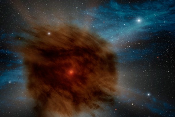 While searching the skies for black holes using the Spitzer Space Telescope Deep Wide Field Survey, Ohio State University astronomers discovered a giant supernova that was smothered in its own dust. In this artist’s rendering, an outer shell of gas and dust -- which erupted from the star hundreds of years ago -- obscures the supernova within. This event in a distant galaxy hints at one possible future for the brightest star system in our own Milky Way. Image courtesy of NASA/JPL-Caltech/R. Hurt. While searching the skies for black holes using the Spitzer Space Telescope Deep Wide Field Survey, Ohio State University astronomers discovered a giant supernova that was smothered in its own dust. In this artist’s rendering, an outer shell of gas and dust -- which erupted from the star hundreds of years ago -- obscures the supernova within. This event in a distant galaxy hints at one possible future for the brightest star system in our own Milky Way. Image courtesy of NASA/JPL-Caltech/R. Hurt.
