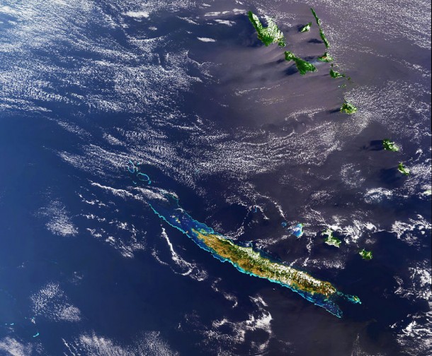 The main island of the French territory of New Caledonia, Grande Terre, is visible in the lower part of this Meris image. Credits: ESA The main island of the French territory of New Caledonia, Grande Terre, is visible in the lower part of this Meris image. Credits: ESA