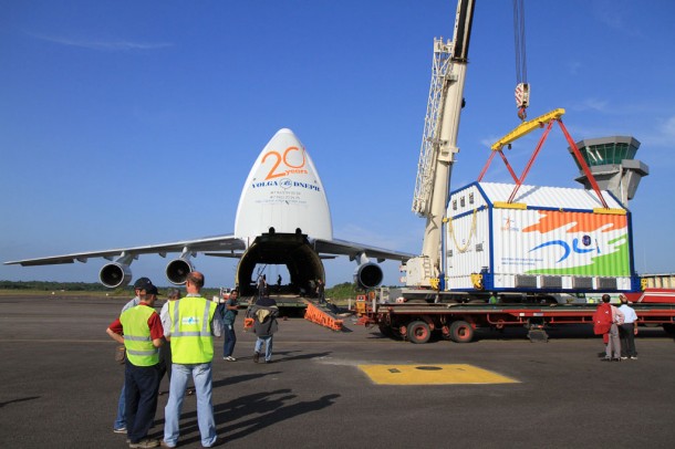 The Antonov An-124 cargo jetliner bringing Hylas-1 from Bangalore, India, touched down at Rochambeau airport near the capital Cayenne late in the evening of Monday 11 October. The satellite was then off-loaded and moved by road to the Guiana Space Centre where it was placed in the S1B satellite preparation facility. Credits: ESA The Antonov An-124 cargo jetliner bringing Hylas-1 from Bangalore, India, touched down at Rochambeau airport near the capital Cayenne late in the evening of Monday 11 October. The satellite was then off-loaded and moved by road to the Guiana Space Centre where it was placed in the S1B satellite preparation facility. Credits: ESA