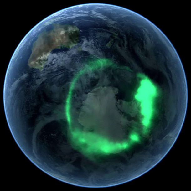 Image of ‘diffuse aurora’ seen over Antarctica in the southern hemisphere. Credit: NASA