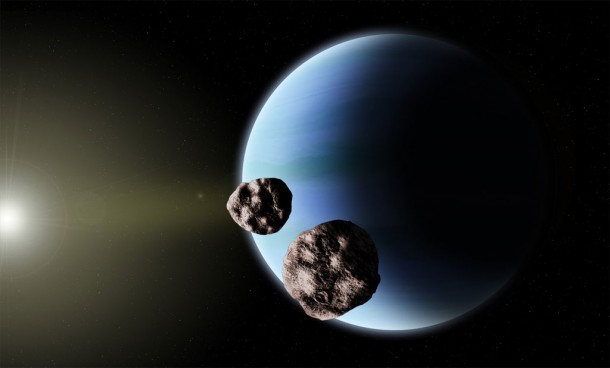 Illustration of a primordial Kuiper Belt binary during a close approach with the planet Neptune, similar to the encounters studied by Parker and Kavelaars. Credit: University of Victoria Illustration of a primordial Kuiper Belt binary during a close approach with the planet Neptune, similar to the encounters studied by Parker and Kavelaars. Credit: University of Victoria