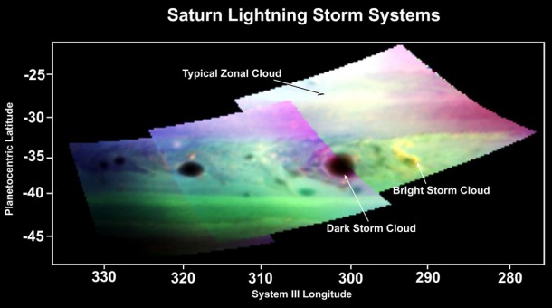 This false-color image, made from infrared data obtained by NASA's Cassini spacecraft, shows dark and bright clouds on Saturn associated with thunderstorm activity. Credit: NASA/JPL/ASI/University of Arizona This false-color image, made from infrared data obtained by NASA's Cassini spacecraft, shows dark and bright clouds on Saturn associated with thunderstorm activity. Credit: NASA/JPL/ASI/University of Arizona