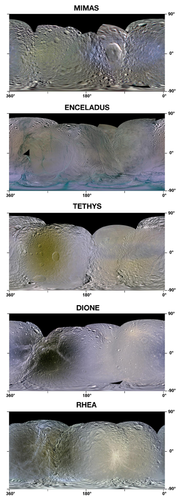 This set of enhanced-color maps made from data obtained by NASA's Cassini spacecraft show Saturn's moons Mimas, Enceladus, Tethys, Dione and Rhea. Image credit: NASA/JPL/SSI/LPI This set of enhanced-color maps made from data obtained by NASA's Cassini spacecraft show Saturn's moons Mimas, Enceladus, Tethys, Dione and Rhea. Image credit: NASA/JPL/SSI/LPI