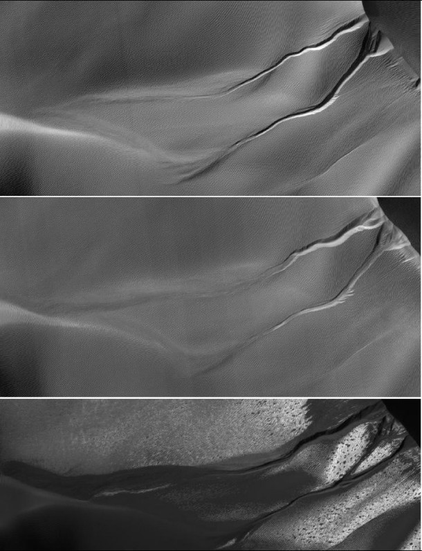 The gullies on a Martian sand dune in this trio of images from NASA's Mars Reconnaissance Orbiter deceptively resemble features on Earth that are carved by streams of water. However, these gullies likely owe their existence to entirely different geological processes apparently related to the winter buildup of carbon-dioxide frost. Image Credit: NASA/JPL-Caltech/University of Arizona The gullies on a Martian sand dune in this trio of images from NASA's Mars Reconnaissance Orbiter deceptively resemble features on Earth that are carved by streams of water. However, these gullies likely owe their existence to entirely different geological processes apparently related to the winter buildup of carbon-dioxide frost. Image Credit: NASA/JPL-Caltech/University of Arizona