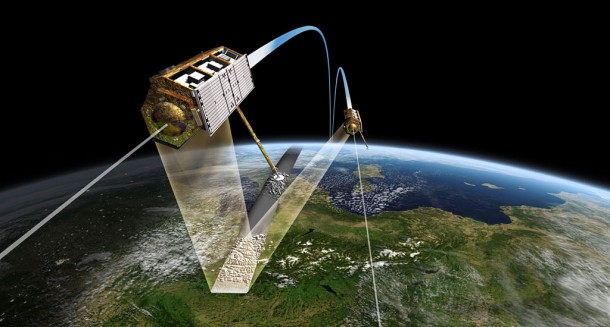 On 14 October 2010, the radar satellite TanDEM-X transitioned to close formation flight with its ‘twin’ TerraSAR-X. Now, the two satellites are flying together – ‘side-by-side’ – 350 metres apart. Credit: DLR On 14 October 2010, the radar satellite TanDEM-X transitioned to close formation flight with its ‘twin’ TerraSAR-X. Now, the two satellites are flying together – ‘side-by-side’ – 350 metres apart. Credit: DLR