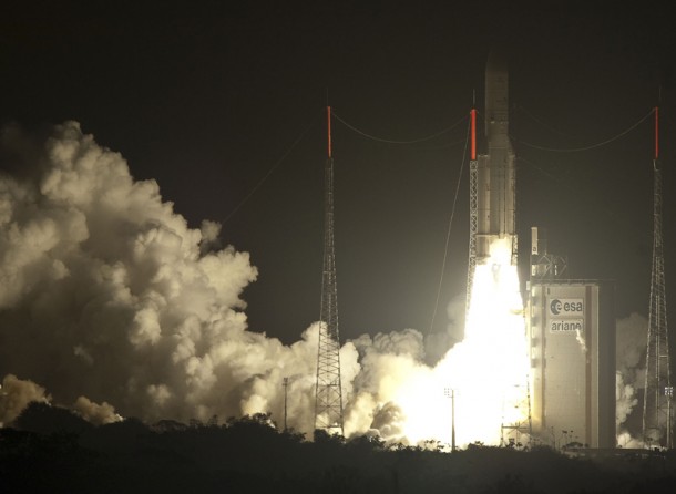 Ariane 5 makes an on-time liftoff from the ELA-3 launch zone with its dual payload of the W3B and BSAT-3b satellites. Ariane 5 makes an on-time liftoff from the ELA-3 launch zone with its dual payload of the W3B and BSAT-3b satellites.