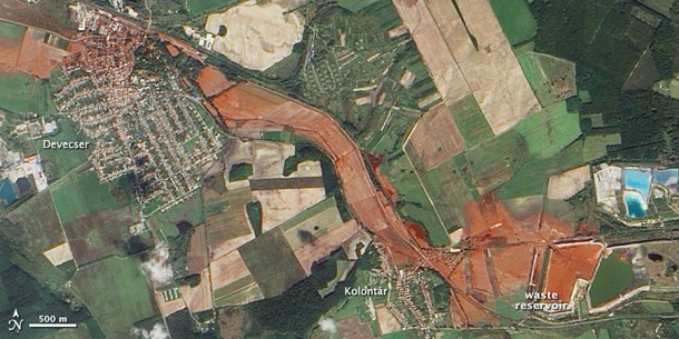 Toxic Red Sludge Spill in Hungary Seen From Space. Credit: NASA/Earth Observatory Toxic Red Sludge Spill in Hungary Seen From Space. Credit: NASA/Earth Observatory