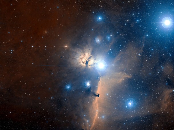 Orion’s Belt and the Flame Nebula. Credit: ESO and Digitized Sky Survey 2. Acknowledgment: Davide De Martin Orion’s Belt and the Flame Nebula. Credit: ESO and Digitized Sky Survey 2. Acknowledgment: Davide De Martin