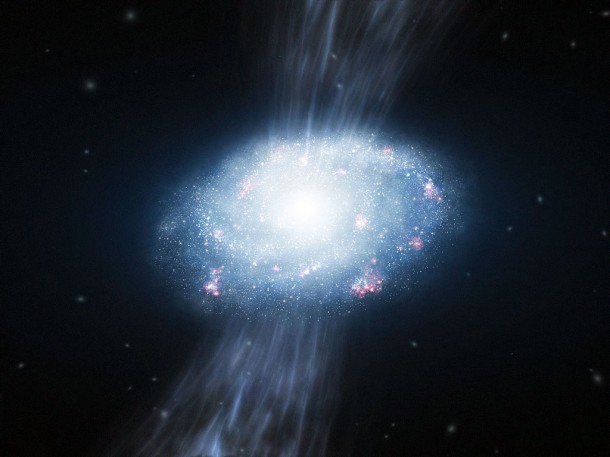 This artist’s impression shows a young galaxy, about two billion years after the Big Bang, accreting material from the surrounding hydrogen and helium gas and forming many young stars. Credit: ESO/L. Calçada This artist’s impression shows a young galaxy, about two billion years after the Big Bang, accreting material from the surrounding hydrogen and helium gas and forming many young stars. Credit: ESO/L. Calçada