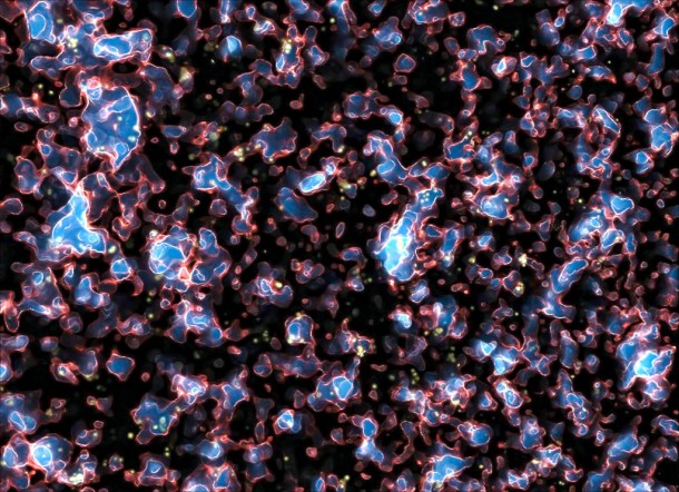 Galaxies during the era of reionisation in the early Universe (simulation). Credit: M. Alvarez, R. Kaehler, and T. Abel Galaxies during the era of reionisation in the early Universe (simulation). Credit: M. Alvarez, R. Kaehler, and T. Abel