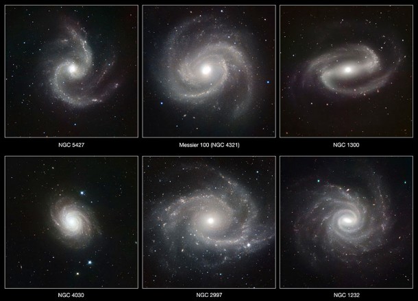 Six spectacular spiral galaxies are seen in a clear new light in pictures from ESO’s Very Large Telescope (VLT) at the Paranal Observatory in Chile. The pictures were taken in infrared light, using the impressive power of the HAWK-I camera to help astronomers understand how the remarkable spiral patterns in galaxies form and evolve. From left to right the galaxies are NGC 5427, Messier 100 (NGC 4321), NGC 1300, NGC 4030, NGC 2997 and NGC 1232. Credit: ESO/P. Grosbøl Six spectacular spiral galaxies are seen in a clear new light in pictures from ESO’s Very Large Telescope (VLT) at the Paranal Observatory in Chile. The pictures were taken in infrared light, using the impressive power of the HAWK-I camera to help astronomers understand how the remarkable spiral patterns in galaxies form and evolve. From left to right the galaxies are NGC 5427, Messier 100 (NGC 4321), NGC 1300, NGC 4030, NGC 2997 and NGC 1232. Credit: ESO/P. Grosbøl