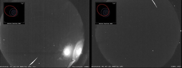 Two fireballs with "Hartley-esque" orbits observed on Oct. 16th by cameras in western Ontario (left) and the southeastern USA (right). Credit: UWO/NASA/Bill Cooke. Two fireballs with "Hartley-esque" orbits observed on Oct. 16th by cameras in western Ontario (left) and the southeastern USA (right). Credit: UWO/NASA/Bill Cooke.