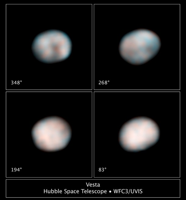 NASA's Hubble Space Telescope snapped these images of the asteroid Vesta in preparation for the Dawn spacecraft's visit in 2011. Credit: NASA, ESA, and J.-Y. Li (University of Maryland, College Park), and L. McFadden (NASA GSFC) NASA's Hubble Space Telescope snapped these images of the asteroid Vesta in preparation for the Dawn spacecraft's visit in 2011. Credit: NASA, ESA, and J.-Y. Li (University of Maryland, College Park), and L. McFadden (NASA GSFC)