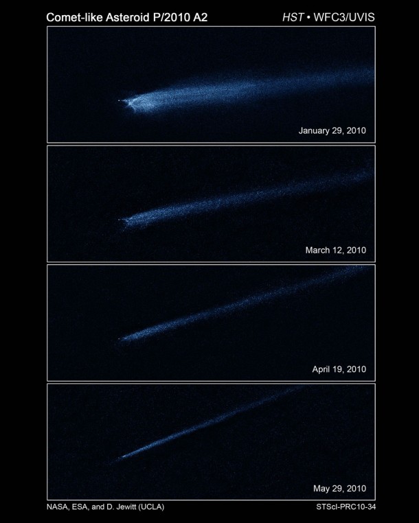 These four Hubble Space Telescope images, taken over a five-month period, show the odd-shaped debris that likely came from a collision between two asteroids. Credit: NASA, ESA, and D. Jewitt (UCLA) These four Hubble Space Telescope images, taken over a five-month period, show the odd-shaped debris that likely came from a collision between two asteroids. Credit: NASA, ESA, and D. Jewitt (UCLA)