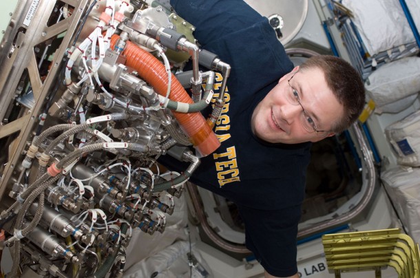 In the Tranquility node aboard the International Space Station, NASA astronaut Doug Wheelock, Expedition 25 commander, works to install the new Sabatier system that will extract more water out of the ISS atmosphere. Credit: NASA In the Tranquility node aboard the International Space Station, NASA astronaut Doug Wheelock, Expedition 25 commander, works to install the new Sabatier system that will extract more water out of the ISS atmosphere. Credit: NASA