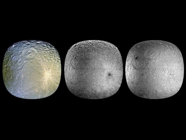 These three views of Saturn’s moon Rhea were made from data obtained by NASA’s Cassini spacecraft, enhanced to show colorful splotches and bands on the icy moon’s surface. Image credit: NASA/JPL/SSI/LPI These three views of Saturn’s moon Rhea were made from data obtained by NASA’s Cassini spacecraft, enhanced to show colorful splotches and bands on the icy moon’s surface. Image credit: NASA/JPL/SSI/LPI