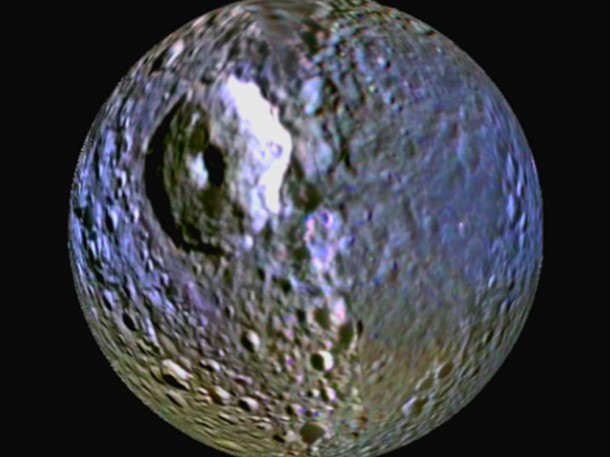 This enhanced-color view of Saturn's moon Mimas was made from images obtained by NASA's Cassini spacecraft. Image credit: NASA/JPL/SSI/LPI This enhanced-color view of Saturn's moon Mimas was made from images obtained by NASA's Cassini spacecraft. Image credit: NASA/JPL/SSI/LPI