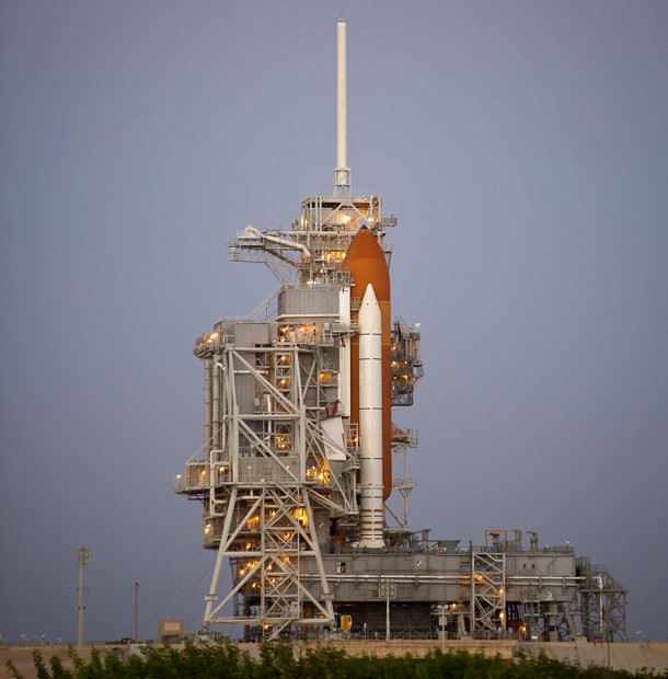 Space shuttle Discovery is seen on Launch Pad 39A early in the morning of Sunday, Oct. 31, 2010 at NASA's Kennedy Space Center in Florida. Photo Credit: NASA/Bill Ingalls Space shuttle Discovery is seen on Launch Pad 39A early in the morning of Sunday, Oct. 31, 2010 at NASA's Kennedy Space Center in Florida. Photo Credit: NASA/Bill Ingalls