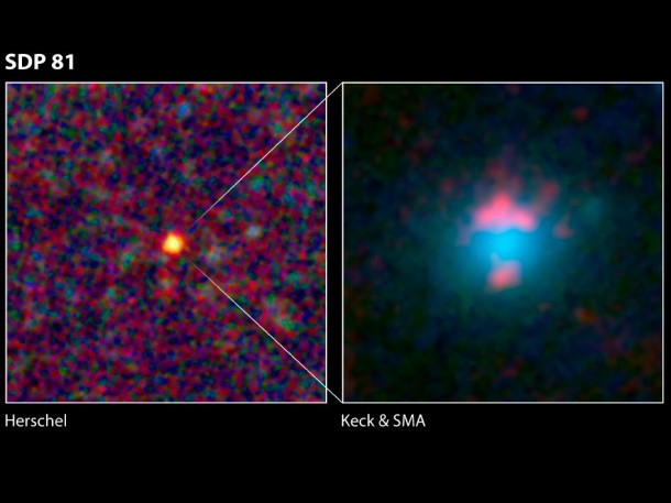 This image composite shows a warped and magnified view of a galaxy discovered by the Herschel Space Observatory, one of five such galaxies uncovered by the infrared telescope. Image credit: ESA/NASA/JPL-Caltech/Keck/SMA This image composite shows a warped and magnified view of a galaxy discovered by the Herschel Space Observatory, one of five such galaxies uncovered by the infrared telescope. Image credit: ESA/NASA/JPL-Caltech/Keck/SMA