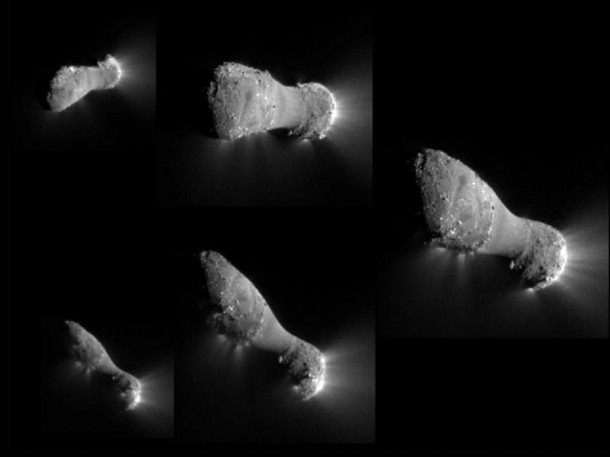 This image montage shows comet Hartley 2 as NASA's EPOXI mission approached and flew under the comet. The images progress in time clockwise, starting at the top left. Image credit: NASA/JPL-Caltech/UMD This image montage shows comet Hartley 2 as NASA's EPOXI mission approached and flew under the comet. The images progress in time clockwise, starting at the top left. Image credit: NASA/JPL-Caltech/UMD