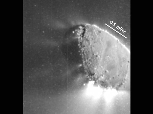 This enhanced image shows jets and where they originate from the surface of comet Hartley 2. There are jets outgassing from the sunward side, the night side, and along the terminator -- the line between the two sides. Image credit: NASA/JPL-Caltech/UMD This enhanced image shows jets and where they originate from the surface of comet Hartley 2. There are jets outgassing from the sunward side, the night side, and along the terminator -- the line between the two sides. Image credit: NASA/JPL-Caltech/UMD