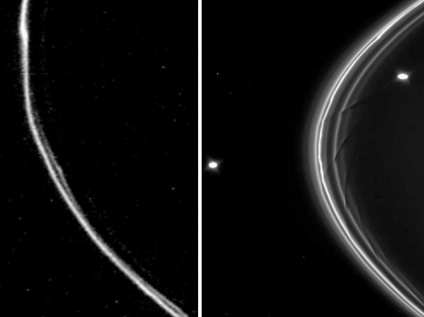 The day NASA's Voyager 1 spacecraft made its closest approach to Saturn, it revealed the kinks in one of Saturn's narrowest rings (left). Images from the Cassini spacecraft (right) finally allowed scientists to understand how Saturn's moons Prometheus and Pandora sculpt the ring's kinked shape. The day NASA's Voyager 1 spacecraft made its closest approach to Saturn, it revealed the kinks in one of Saturn's narrowest rings (left). Images from the Cassini spacecraft (right) finally allowed scientists to understand how Saturn's moons Prometheus and Pandora sculpt the ring's kinked shape.
