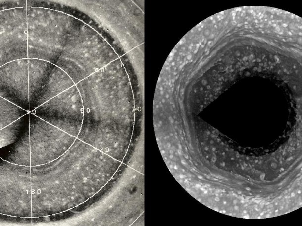 The puzzling hexagon-shaped weather pattern around Saturn's north pole was first found in images from Voyager 2 (left). Cassini has obtained higher-resolution pictures of the hexagon (such as the one on the right, taken in 2009) - which tell scientists the hexagon is a remarkably stable wave in one of the jet streams that remains 30 years later. The puzzling hexagon-shaped weather pattern around Saturn's north pole was first found in images from Voyager 2 (left). Cassini has obtained higher-resolution pictures of the hexagon (such as the one on the right, taken in 2009) - which tell scientists the hexagon is a remarkably stable wave in one of the jet streams that remains 30 years later.