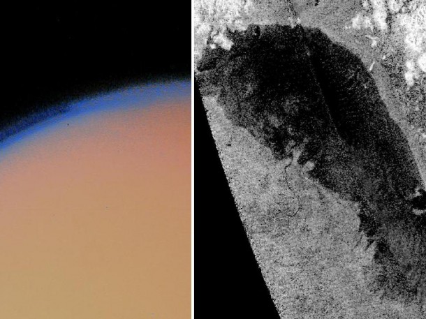 This image from Voyager 1 showed Saturn's moon Titan shrouded in a haze of hydrocarbons in a nitrogen-rich atmosphere and led scientists to theorize about seas of liquid methane and ethane on Titan's surface. Cassini has since confirmed these theories with findings like Ontario Lacus (right) and other lakes made of liquid hydrocarbons on Titan. This image from Voyager 1 showed Saturn's moon Titan shrouded in a haze of hydrocarbons in a nitrogen-rich atmosphere and led scientists to theorize about seas of liquid methane and ethane on Titan's surface. Cassini has since confirmed these theories with findings like Ontario Lacus (right) and other lakes made of liquid hydrocarbons on Titan.