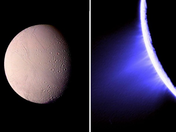 NASA's Voyager spacecraft were the first to take images of Saturn's moon Enceladus close-up in 1980 (left), but it wasn't until NASA's Cassini spacecraft visited the icy moon in 2005 (right) that scientists discovered jets of water vapor and organic particles shooting from the surface. NASA's Voyager spacecraft were the first to take images of Saturn's moon Enceladus close-up in 1980 (left), but it wasn't until NASA's Cassini spacecraft visited the icy moon in 2005 (right) that scientists discovered jets of water vapor and organic particles shooting from the surface.