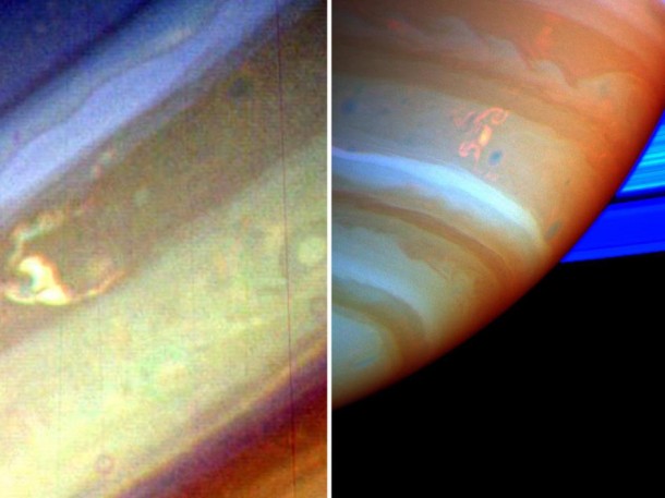 The image from Voyager 1 (left) shows convective clouds on Saturn in 1980. The Cassini image (right) shows the "dragon storm" of 2004, which was a powerful source of radio emissions detected by Cassini -- similar to the bursts of static generated by lightning on Earth. In 2009, Cassini captured images of lightning flashing in Saturn's atmosphere. The image from Voyager 1 (left) shows convective clouds on Saturn in 1980. The Cassini image (right) shows the "dragon storm" of 2004, which was a powerful source of radio emissions detected by Cassini -- similar to the bursts of static generated by lightning on Earth. In 2009, Cassini captured images of lightning flashing in Saturn's atmosphere.