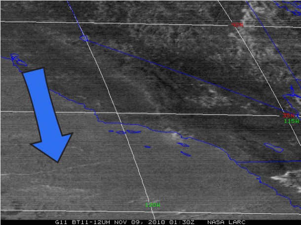 The 'mystery' contrail is visible as a horizontal white streak in the middle of the lower left quadrant of this image, captured by the Geostationary Operational Environmental Satellite 11. The satellite is a partnership between NASA Goddard Space Flight Center and the National Oceanographic and Atmospheric Administration (NOAA). Credit: NASA/NOAA The 'mystery' contrail is visible as a horizontal white streak in the middle of the lower left quadrant of this image, captured by the Geostationary Operational Environmental Satellite 11. The satellite is a partnership between NASA Goddard Space Flight Center and the National Oceanographic and Atmospheric Administration (NOAA). Credit: NASA/NOAA