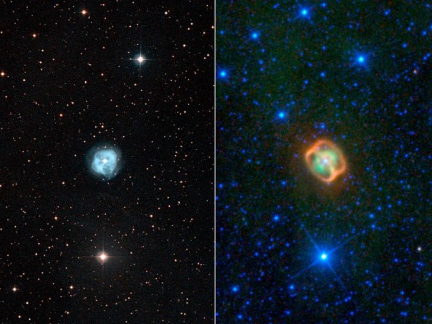 This image composite shows two views of a puffy, dying star, or planetary nebula, known as NGC 1514. The view on the left is from a ground-based, visible-light telescope; the view on the right shows the object in infrared light, as seen by NASA's Wide-field Infrared Survey Explorer, or WISE. Image credit: NASA/JPL-Caltech/UCLA This image composite shows two views of a puffy, dying star, or planetary nebula, known as NGC 1514. The view on the left is from a ground-based, visible-light telescope; the view on the right shows the object in infrared light, as seen by NASA's Wide-field Infrared Survey Explorer, or WISE. Image credit: NASA/JPL-Caltech/UCLA