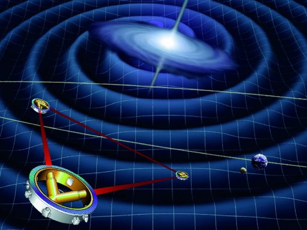 This artist’s concept shows the proposed LISA mission, which would consist of three distinct spacecraft, each connected by laser beams. It would be the first space-based mission to attempt the detection of gravitational waves -- ripples in space-time that are emitted by exotic objects such as black holes. Image credit: ESA This artist’s concept shows the proposed LISA mission, which would consist of three distinct spacecraft, each connected by laser beams. It would be the first space-based mission to attempt the detection of gravitational waves -- ripples in space-time that are emitted by exotic objects such as black holes. Image credit: ESA