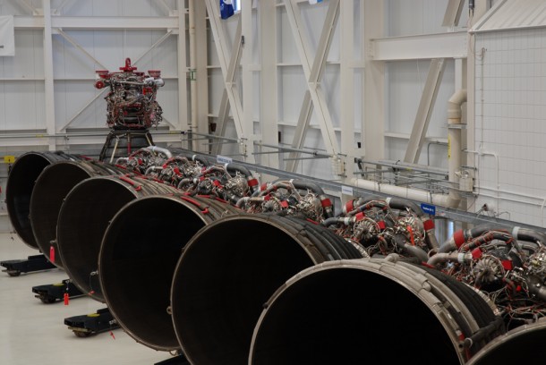 Space shuttle main engines stand lined up in the Space Shuttle Main Engine Processing Facility at NASA's Kennedy Space Center. Known at Kennedy as "the engine shop," the facility is the high-tech work area for engineers and technicians who inspect and ready the engines for launch. Photo credit: NASA/Steven Siceloff Space shuttle main engines stand lined up in the Space Shuttle Main Engine Processing Facility at NASA's Kennedy Space Center. Known at Kennedy as "the engine shop," the facility is the high-tech work area for engineers and technicians who inspect and ready the engines for launch. Photo credit: NASA/Steven Siceloff