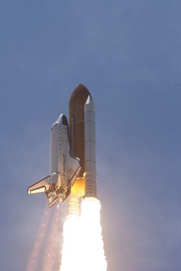 A close-up of space shuttle Atlantis' three main engines as they help power the shuttle into space. The exhaust from the engines is going Mach 10, which results in the "shock diamonds" from the three engines. Because the engine burns hydrogen and oxygen, its exhaust is steam. Photo credit: NASA/Rusty Backer and Michael Gayle A close-up of space shuttle Atlantis' three main engines as they help power the shuttle into space. The exhaust from the engines is going Mach 10, which results in the "shock diamonds" from the three engines. Because the engine burns hydrogen and oxygen, its exhaust is steam. Photo credit: NASA/Rusty Backer and Michael Gayle