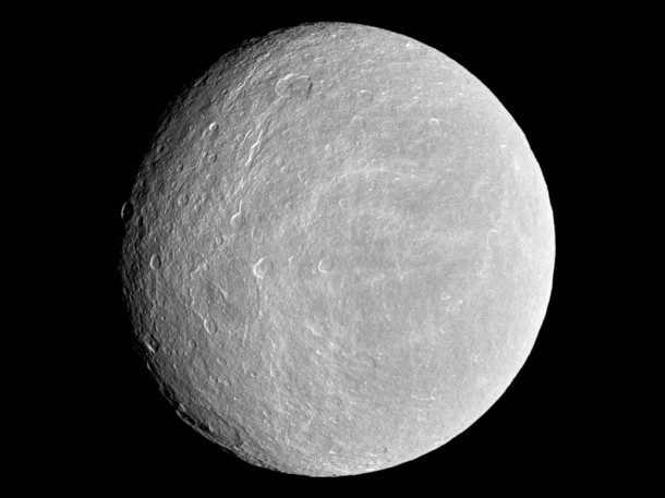 The cratered plains of Saturn's moon Rhea are visible in this image obtained by NASA's Cassini spacecraft on Nov. 21, 2009. Credit: NASA/JPL/Space Science Institute The cratered plains of Saturn's moon Rhea are visible in this image obtained by NASA's Cassini spacecraft on Nov. 21, 2009. Credit: NASA/JPL/Space Science Institute