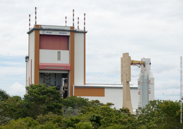 The Ariane 5 for Arianespace’s November 25 mission approaches its Launcher Integration Building at the Spaceport. The Ariane 5 for Arianespace’s November 25 mission approaches its Launcher Integration Building at the Spaceport.