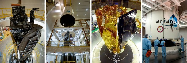 Final payload preparations for Friday’s Ariane 5 launch are detailed in these images. At left, Intelsat 17 is readied for its encapsulation in the payload fairing, of which the process is shown in photo #2. HYLAS 1 is pictured atop the Ariane 5’s core stage (photo 3), allowing the fairing with Intelsat 17 inside to be lowered into position over it, completing the mission’s dual payload “stack.” Credit: Arianespace Final payload preparations for Friday’s Ariane 5 launch are detailed in these images. At left, Intelsat 17 is readied for its encapsulation in the payload fairing, of which the process is shown in photo #2. HYLAS 1 is pictured atop the Ariane 5’s core stage (photo 3), allowing the fairing with Intelsat 17 inside to be lowered into position over it, completing the mission’s dual payload “stack.” Credit: Arianespace