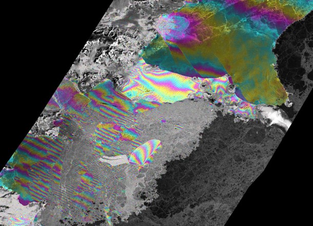 An interferometric image of the Larsen Ice Shelf generated from data acquired on 26 February 2010 by ESA's Envisat and ERS-2 satellites, during their last tandem mission. Credits: Sarmap An interferometric image of the Larsen Ice Shelf generated from data acquired on 26 February 2010 by ESA's Envisat and ERS-2 satellites, during their last tandem mission. Credits: Sarmap