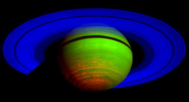 This false-color composite image, constructed from data obtained by NASA's Cassini spacecraft, shows Saturn's rings and southern hemisphere. This false-color composite image, constructed from data obtained by NASA's Cassini spacecraft, shows Saturn's rings and southern hemisphere.