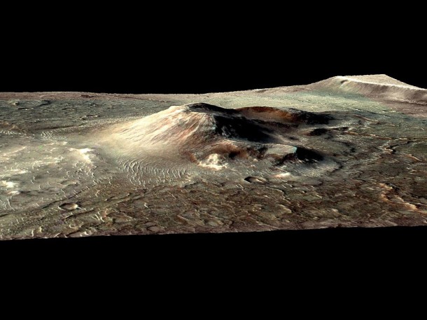 This volcanic cone in the Nili Patera caldera on Mars has hydrothermal mineral deposits on the southern flanks and nearby terrains. Two of the largest deposits are marked by arrows, and the entire field of light-toned material on the left of the cone is hydrothermal deposits. Image Credit: NASA/JPL-Caltech/MSSS/JHU-APL/Brown Univ. This volcanic cone in the Nili Patera caldera on Mars has hydrothermal mineral deposits on the southern flanks and nearby terrains. Two of the largest deposits are marked by arrows, and the entire field of light-toned material on the left of the cone is hydrothermal deposits. Image Credit: NASA/JPL-Caltech/MSSS/JHU-APL/Brown Univ.