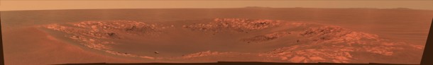 "Intrepid" crater on Mars carries the name of the lunar module of NASA's Apollo 12 mission, which landed on Earth's moon Nov. 19, 1969. NASA's Mars Exploration Rover Opportunity recorded this view of the crater during the 2,417th Martian day, or sol, of the rover's work on Mars (Nov. 11, 2010). "Intrepid" crater on Mars carries the name of the lunar module of NASA's Apollo 12 mission, which landed on Earth's moon Nov. 19, 1969. NASA's Mars Exploration Rover Opportunity recorded this view of the crater during the 2,417th Martian day, or sol, of the rover's work on Mars (Nov. 11, 2010).