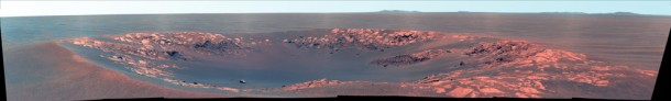 This view of "Intrepid" crater on Mars is presented in false color to make differences in surface materials more visible. NASA's Mars Exploration Rover Opportunity recorded this view of the crater during the 2,417th Martian day, or sol, of the rover's work on Mars (Nov. 11, 2010). This view of "Intrepid" crater on Mars is presented in false color to make differences in surface materials more visible. NASA's Mars Exploration Rover Opportunity recorded this view of the crater during the 2,417th Martian day, or sol, of the rover's work on Mars (Nov. 11, 2010).