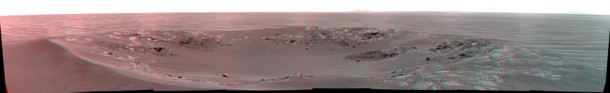 This scene of "Intrepid" crater appears three-dimensional when viewed through red-blue glasses with the red lens on the left. The crater is about 20 meters (66 feet) in diameter. That is about the same size as Eagle crater, where Opportunity spent its first two months on Mars. This scene of "Intrepid" crater appears three-dimensional when viewed through red-blue glasses with the red lens on the left. The crater is about 20 meters (66 feet) in diameter. That is about the same size as Eagle crater, where Opportunity spent its first two months on Mars.